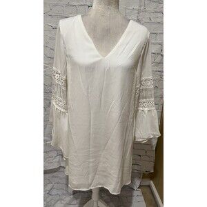 Loveriche white shift dress 3/4 length bell sleeves and crochet lace details L